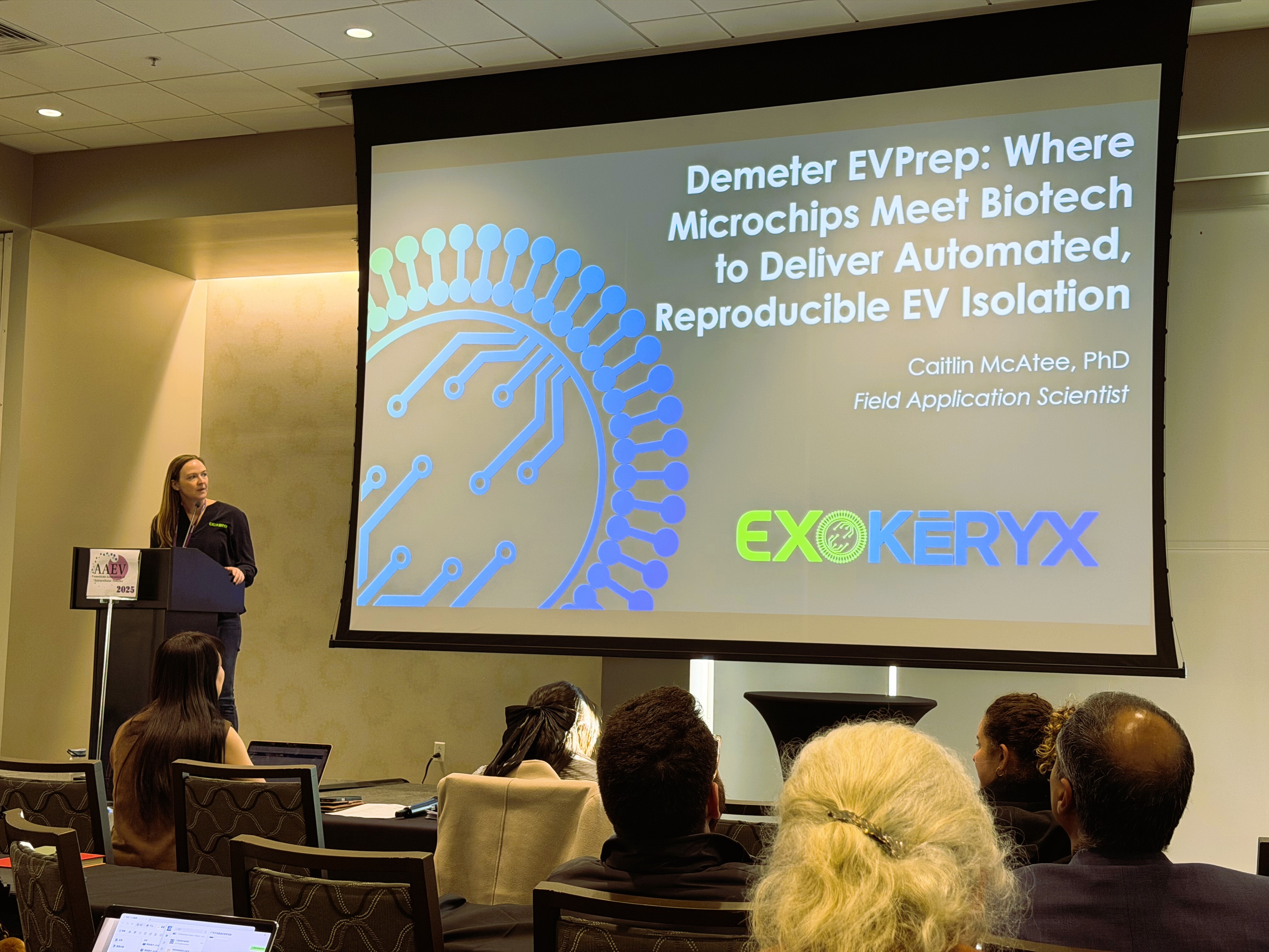 Dr. Caitlin McAtee presents Demeter EVPrep and dielectrophoresis for EV isolation to attendees of AAEV's 2025 Annual Meeting.