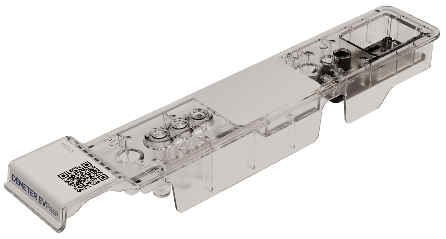 Demeter EVPrep single-use cartridge with preloaded reagent wells and a barcode label