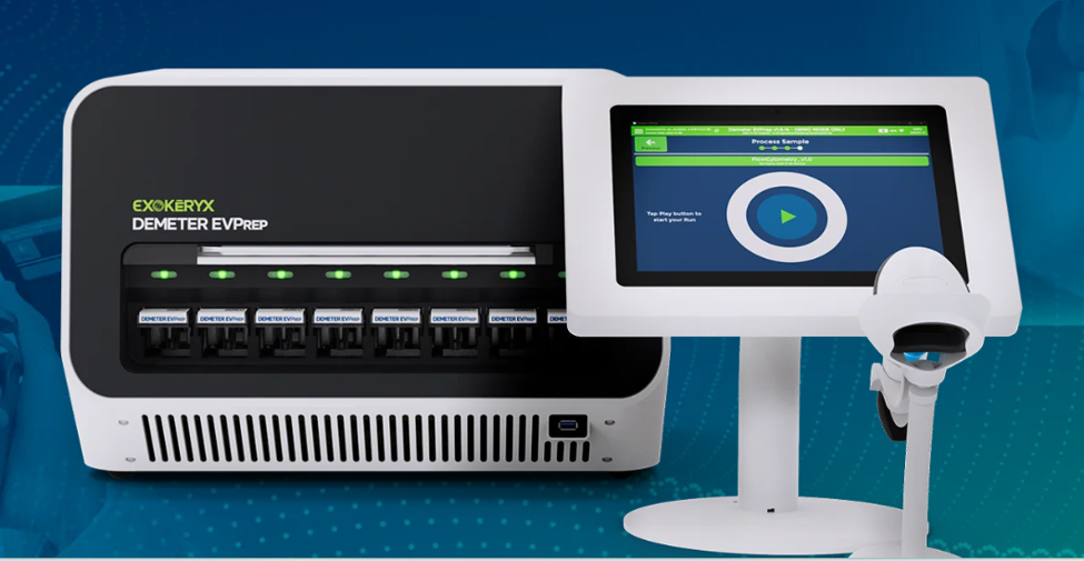 Demeter EVPrep benchtop instrument with eight cartridge bays, beside its touchscreen and barcode scanner
