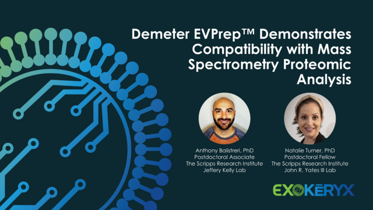 Webinar title slide: Demeter EVPrep™ Demonstrates Compatibility with Mass Spectrometry Proteomic Analysis, presented by Anthony Balistreri, PhD, and Natalie Turner, PhD, of The Scripps Research Institute